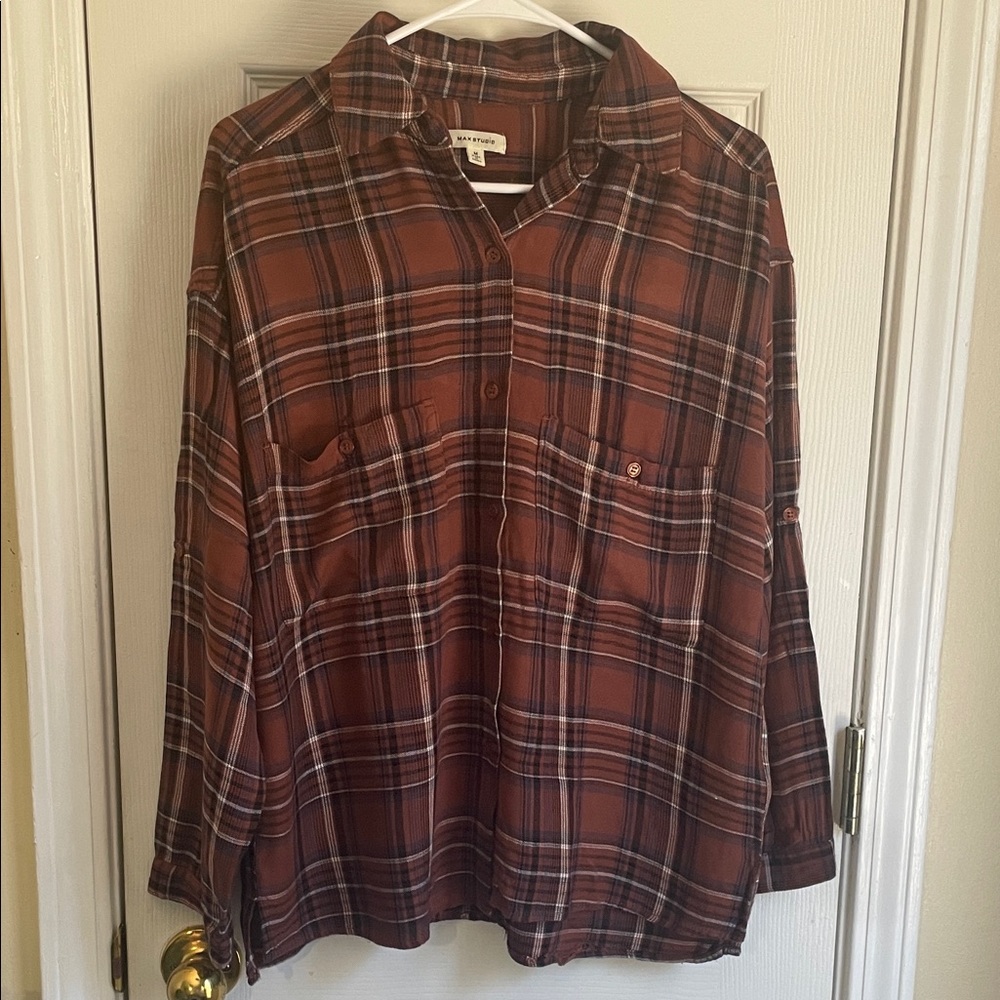 Max Studio Womens Brown Western, Boho Plaid Shirt